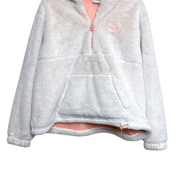 Puma Women's Pullover Faux Fur Jacket 1/4 Zip Hooded Off White Peach Size L - Picture 7 of 11